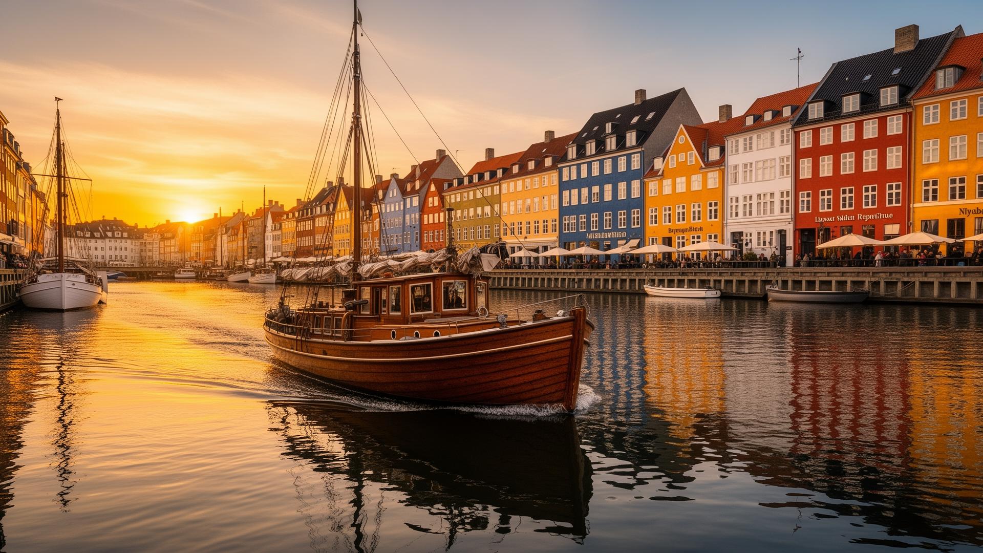 Vintage wooden boat sailing through Copenhagen's Nyhavn canal at golden hour